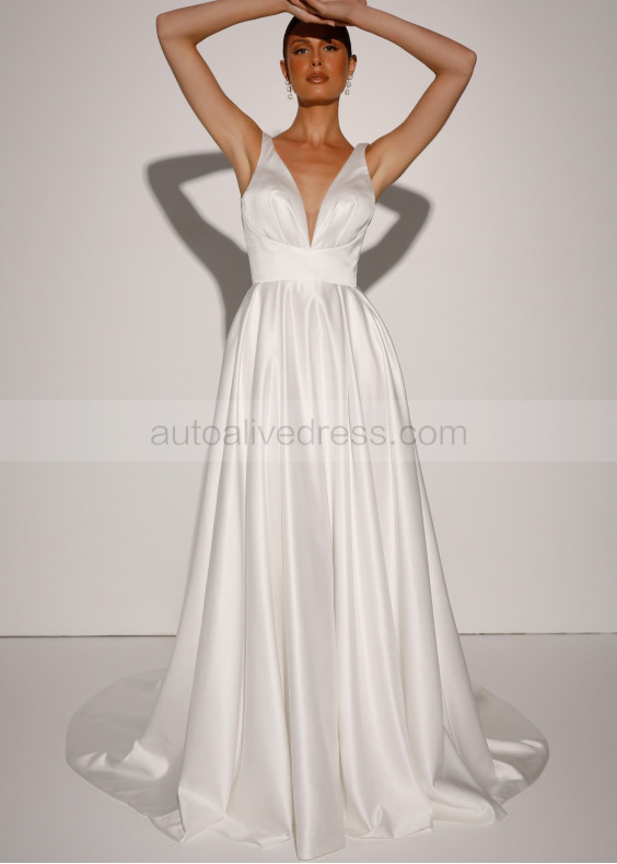 V Neck Ivory Satin Elegant Wedding Dress